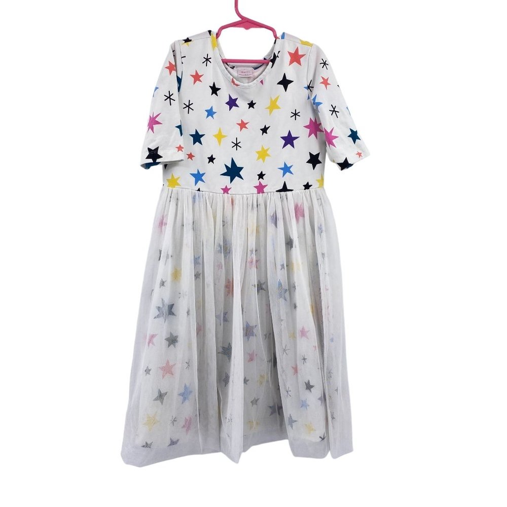 Hanna Andersson Girls star print 3/4 sleeve dress size 12 tulle overlay‎ skirt